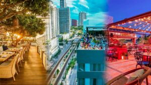 Rooftops en Miami con visitantes disfrutando de cocteles y vistas urbanas, un espacio que une gastronomía, entretenimiento y estilo de vida internacional.
