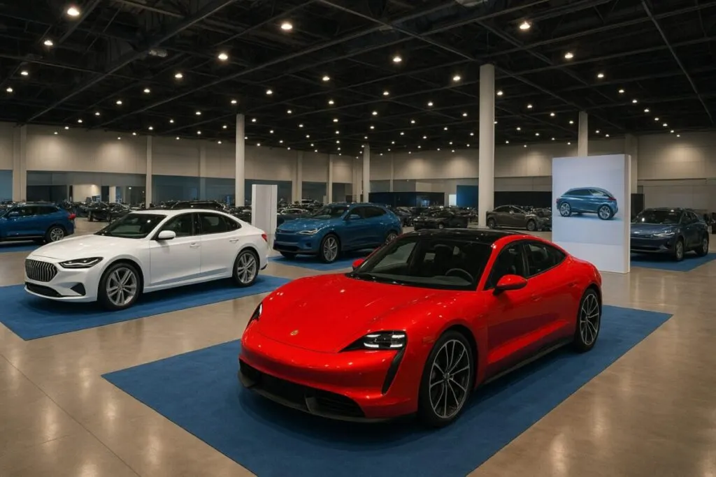 Vista del Miami International Auto Show en Miami Beach con autos innovadores y cultura hispana