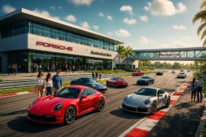 Vista panorámica del Porsche Experience Miami con autos deportivos y visitantes en un espacio de lujo e innovación