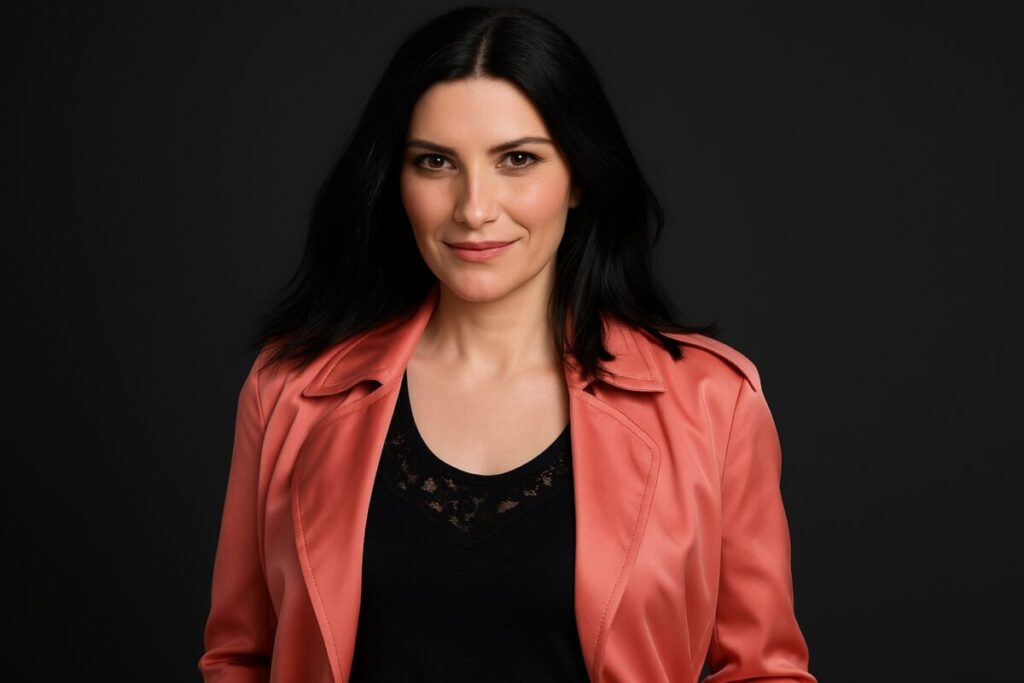 Retrato editorial de Laura Pausini con estilo aspiracional en Miami, elegante y sofisticado, optimizado para web