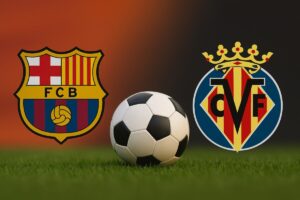 Escudos del FC Barcelona y Villarreal CF con un balón en primer plano sobre césped, estilo editorial limpio y profesional