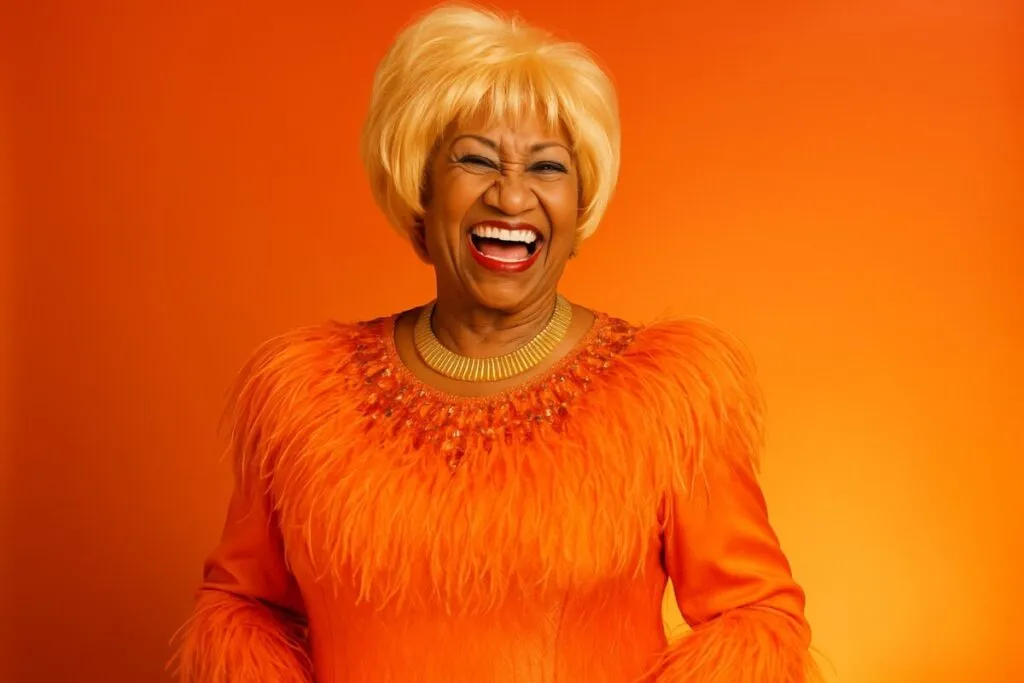 Retrato vibrante de Celia Cruz vestida de naranja, símbolo cultural de la comunidad hispana en Miami