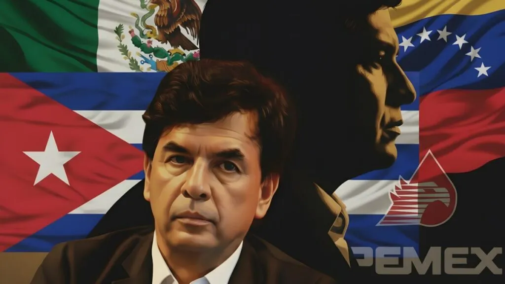 Jesús Ramírez Cuevas al centro, su perfil en sombra detrás, con banderas de México, Cuba y Venezuela al fondo, logotipo de Pemex y símbolo de espionaje, en tonos guinda, dorado, verde y café Pantone 4T.