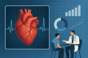 Gráfico médico con corazón humano y datos estadísticos sobre enfermedades cardiovasculares en México