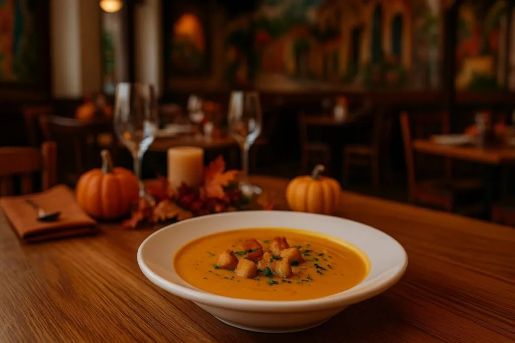 Menú otoñal con crema de calabaza en restaurante de Miami con cocina de raíces latinas