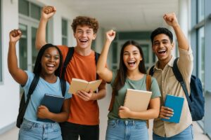 Grupo diverso de estudiantes de Miami-Dade celebrando su rendimiento en exámenes AP en una escuela pública