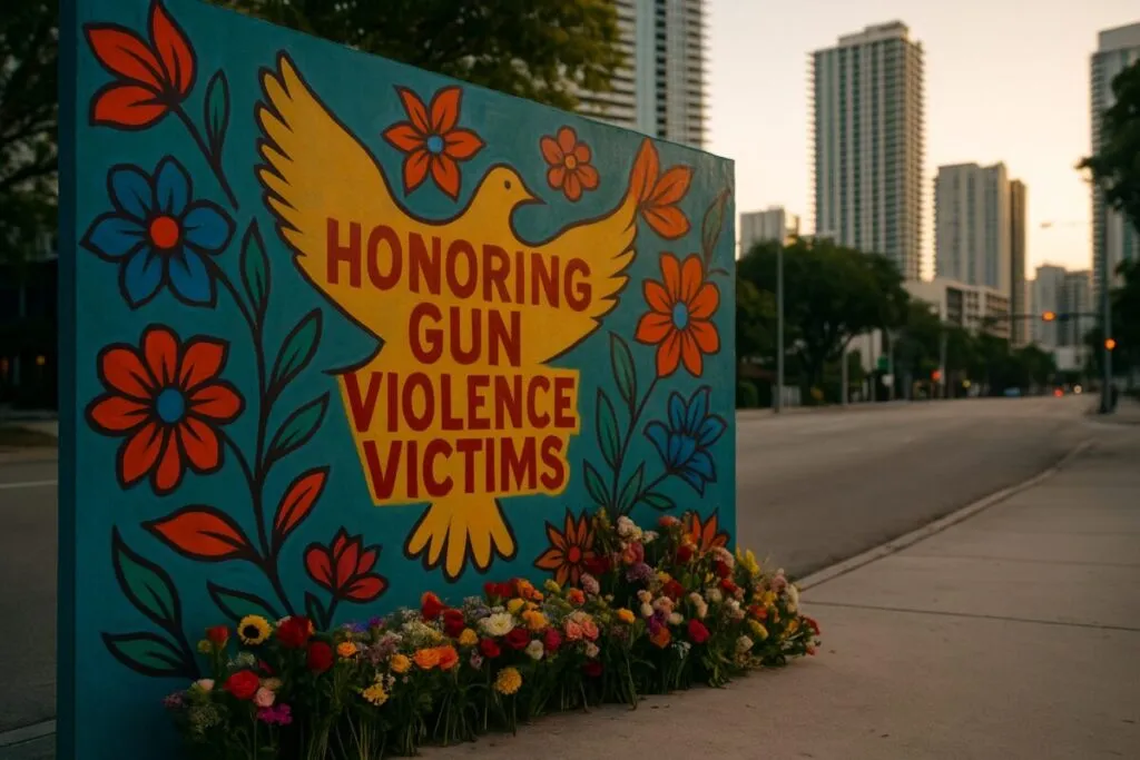 Cartel con rostro de joven víctima de armas de fuego en calle de Miami