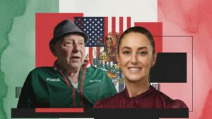 Montaje fotográfico de Eduardo Margolis Sobol y Claudia Sheinbaum frente a las banderas de México y Estados Unidos, simbolizando los señalamientos sobre su presunto parentesco y la influencia del empresario en temas de seguridad.