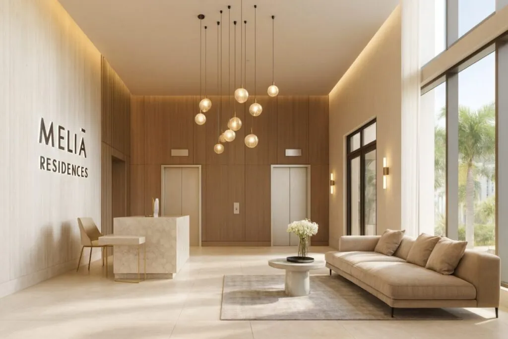 Render moderno de las nuevas residencias Melia Hotels en Brickell, Miami, mostrando lujo e innovación en el mercado inmobiliario