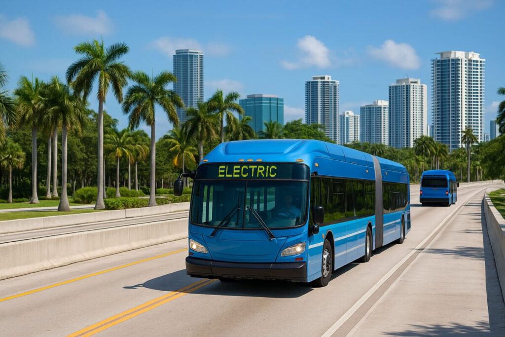 Autobuses eléctricos circulando en Miami-Dade como parte del sistema de transporte eléctrico en Miami