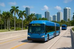 Autobuses eléctricos circulando en Miami-Dade como parte del sistema de transporte eléctrico en Miami