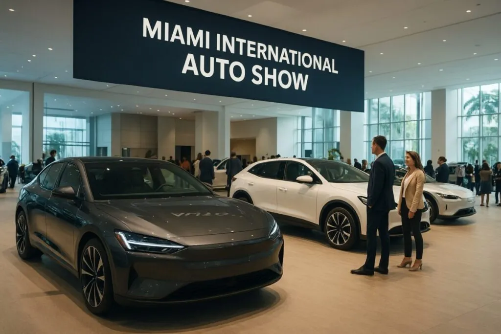 Vista del Miami International Auto Show con autos eléctricos de lujo, reflejando innovación y economía en la ciudad de Miami.
