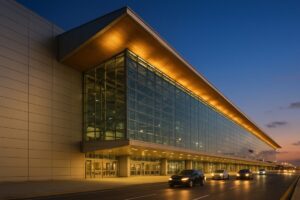 Imagen editorial del Aeropuerto Internacional de Miami con fachada de cristal iluminada al atardecer, estilo fotorealista
