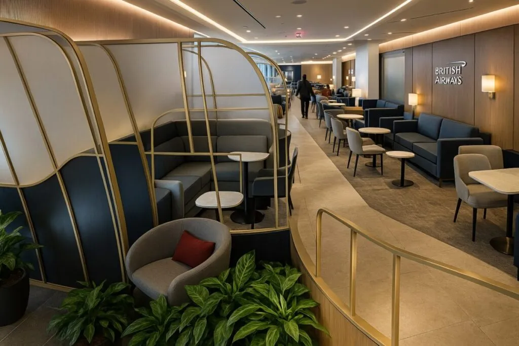 Salón VIP de British Airways en Miami con diseño moderno y espacios para viajeros de negocios