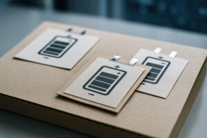 Imagen conceptual de baterías impresas en 3D sobre superficies reciclables, con fondo tecnológico y estilo profesional