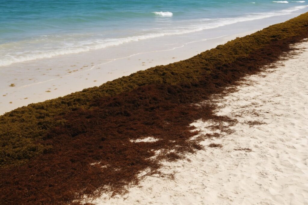 Acumulación de sargazo sobre la arena blanca en una playa de Florida, afectando el entorno natural