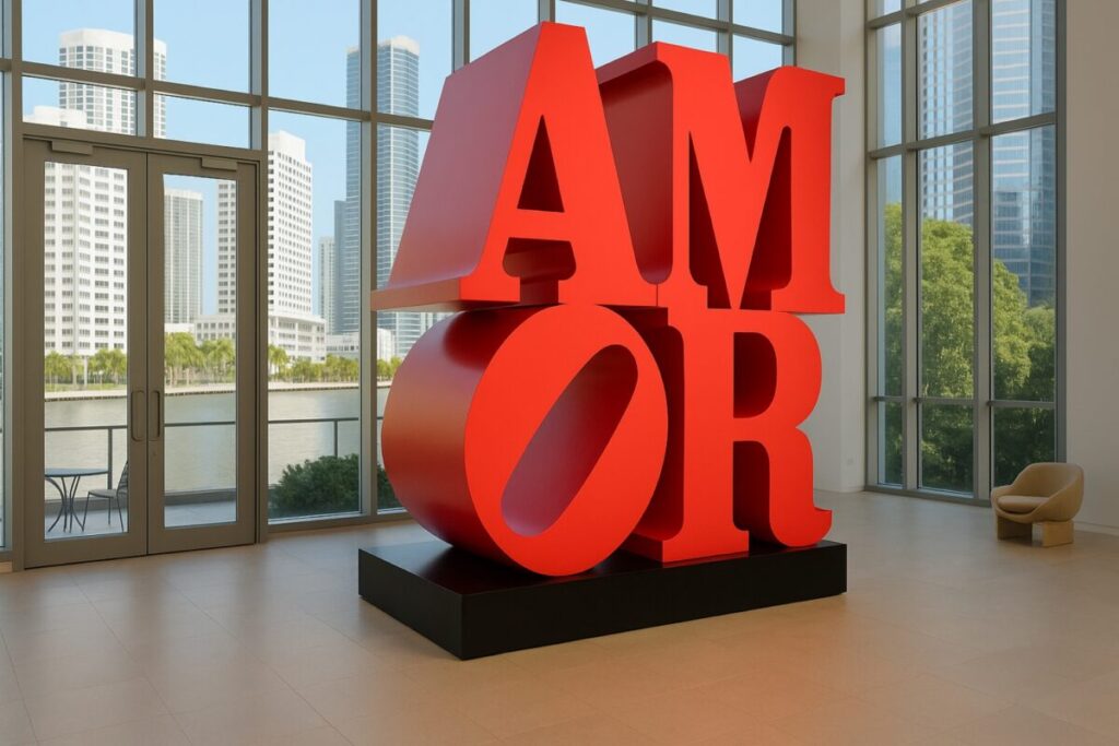 Escultura roja con la palabra AMOR en museo de arte contemporáneo en Miami con vista urbana de fondo