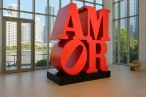 Escultura roja con la palabra AMOR en museo de arte contemporáneo en Miami con vista urbana de fondo