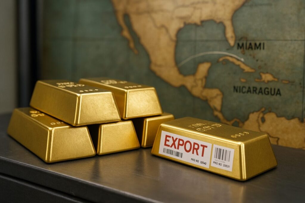 Lingotes de oro listos para exportación desde Nicaragua a Miami en 2025, reflejo del comercio internacional
