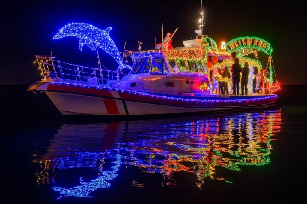 Vista nocturna de un barco decorado con luces navideñas en las Florida Keys