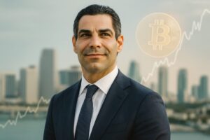 Francis Suárez sonriente en Miami con fondo de gráficos de bitcoin en alza