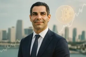Francis Suárez sonriente en Miami con fondo de gráficos de bitcoin en alza