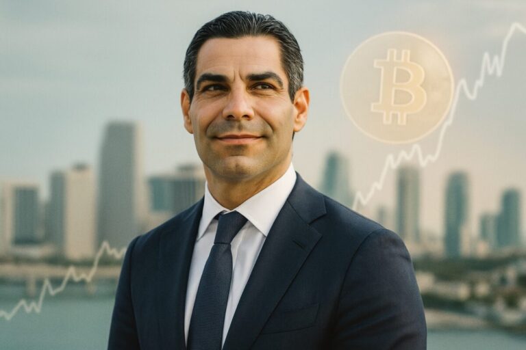 Francis Suárez sonriente en Miami con fondo de gráficos de bitcoin en alza