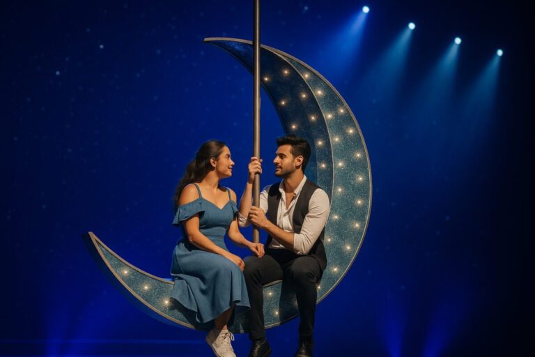 Escena teatral del musical Julieta con montaje vibrante y escenografía en forma de luna sobre escenario iluminado