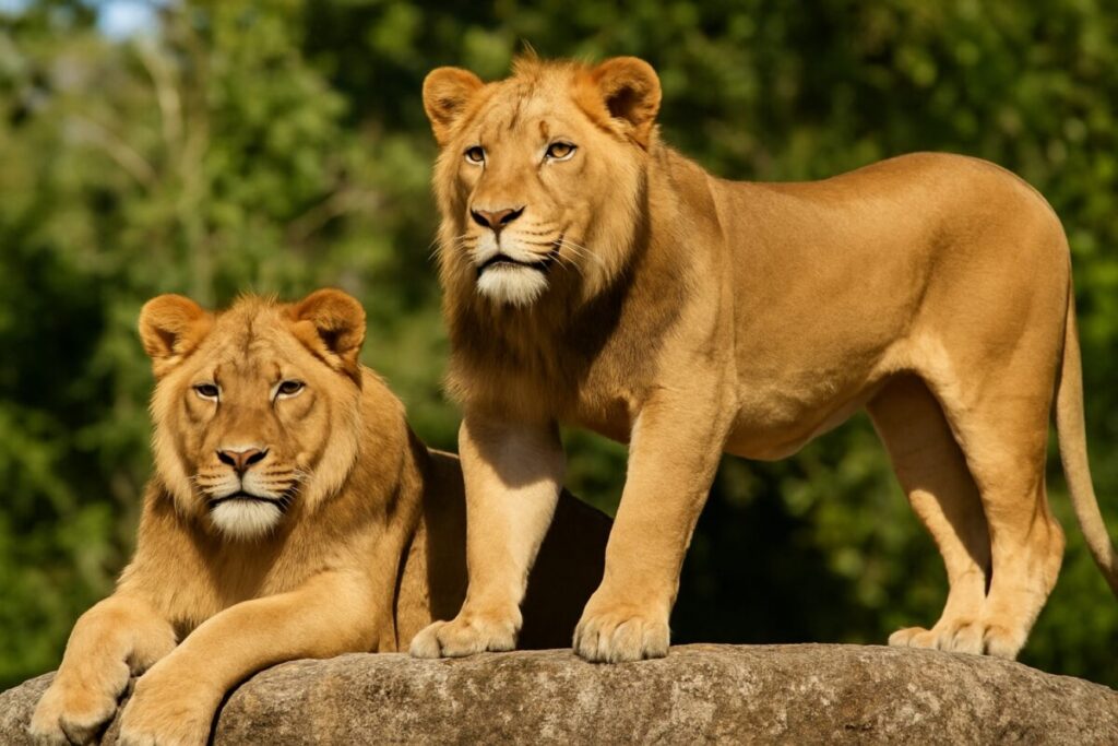 Leones Azizi y Jasiri observan desde una roca en su nuevo hogar en Zoo Miami como parte de un programa de conservación