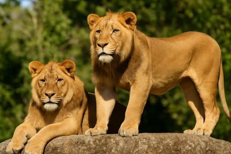 Leones Azizi y Jasiri observan desde una roca en su nuevo hogar en Zoo Miami como parte de un programa de conservación