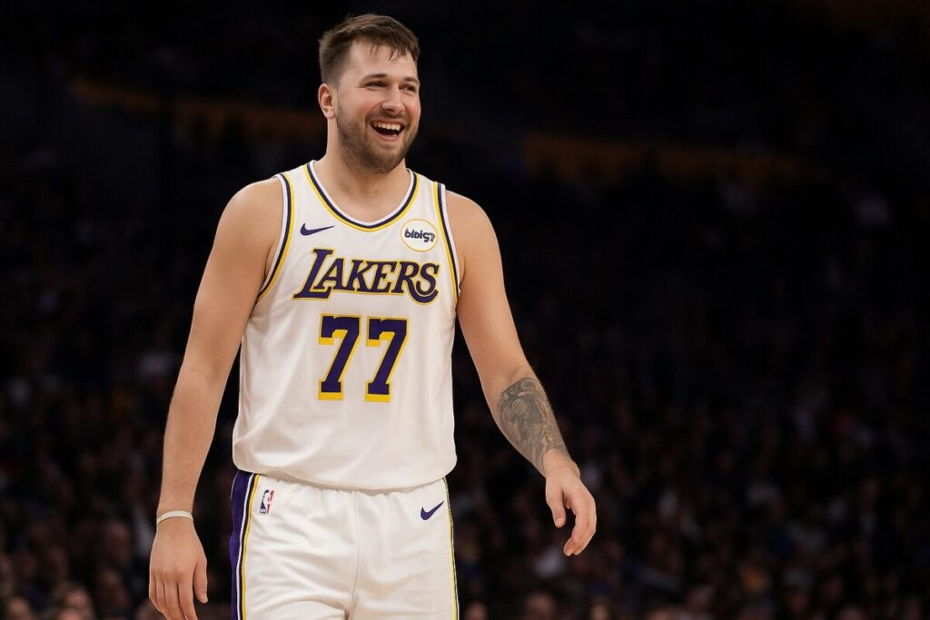Luka Dončić ejecutando una jugada decisiva con Los Angeles Lakers frente a Miami Heat
