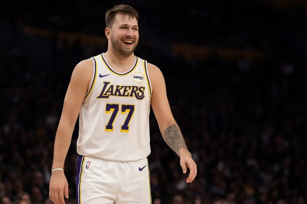 Luka Dončić ejecutando una jugada decisiva con Los Angeles Lakers frente a Miami Heat