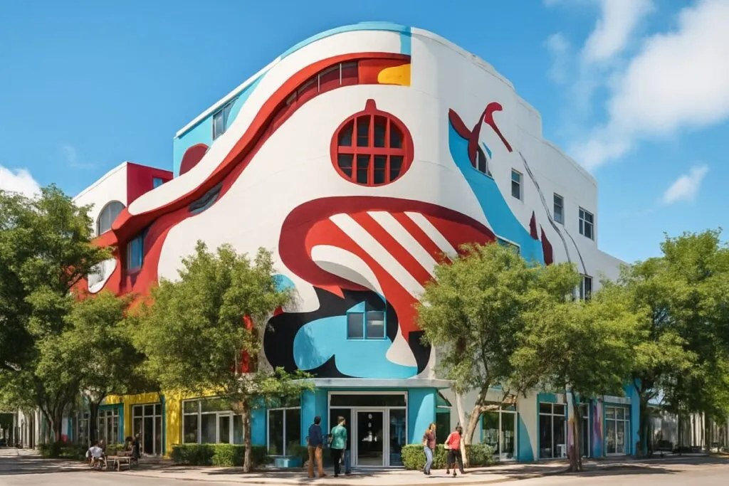 Fachada fotorealista de edificio en Miami que representa la creatividad hispana en un entorno urbano