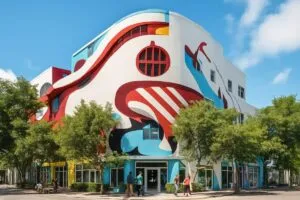 Fachada fotorealista de edificio en Miami que representa la creatividad hispana en un entorno urbano