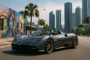 El Pagani Utopia Roadster Miami Edition estacionado en una calle de Miami, rodeado de arte urbano y edificios modernos