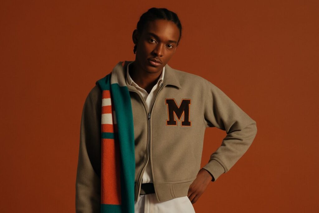 Joven afrodescendiente con chaqueta varsity y bufanda en tonos deportivos sobre fondo naranja, estilo moda preppy deportiva en Miami
