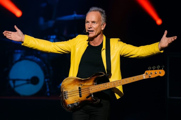 Sting con chaqueta amarilla tocando el bajo sobre el escenario, en concierto reciente en Florida antes del Super Bowl