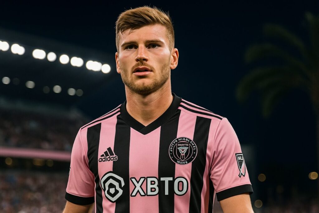 Fotomontaje realista de Timo Werner con uniforme del Inter Miami en estilo editorial moderno, en alta resolución
