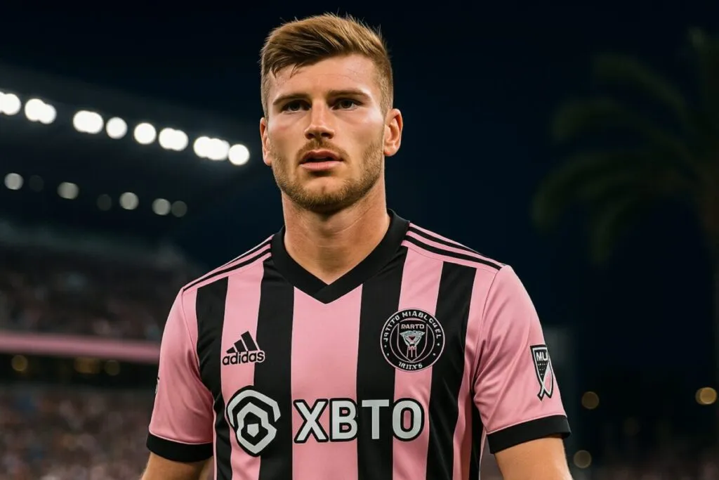 Fotomontaje realista de Timo Werner con uniforme del Inter Miami en estilo editorial moderno, en alta resolución