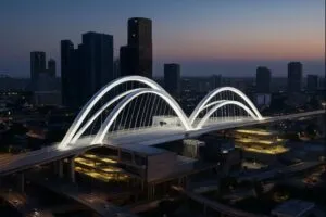 Mega puente en construcción sobre Miami con diseño moderno y vista panorámica del skyline urbano