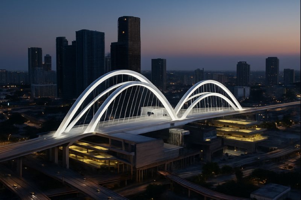 Mega puente en construcción sobre Miami con diseño moderno y vista panorámica del skyline urbano