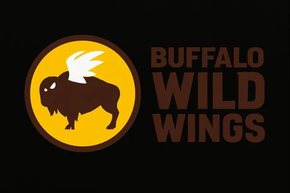 Logo oficial de Buffalo Wild Wings en fondo negro con colores vibrantes, estilo profesional