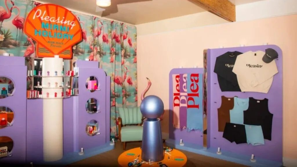 Instalación creativa en Miami Beach con colores pastel y elementos del universo artístico de Harry Styles