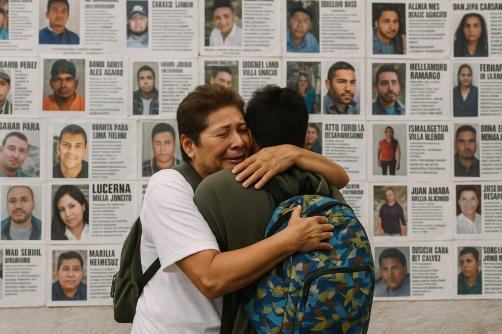 Familiares se abrazan frente a un muro de retratos de personas desaparecidas en México; protesta con carteles y emociones visibles