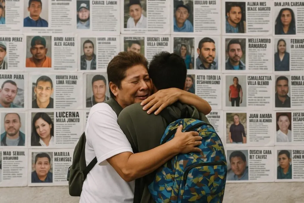 Familiares se abrazan frente a un muro de retratos de personas desaparecidas en México; protesta con carteles y emociones visibles