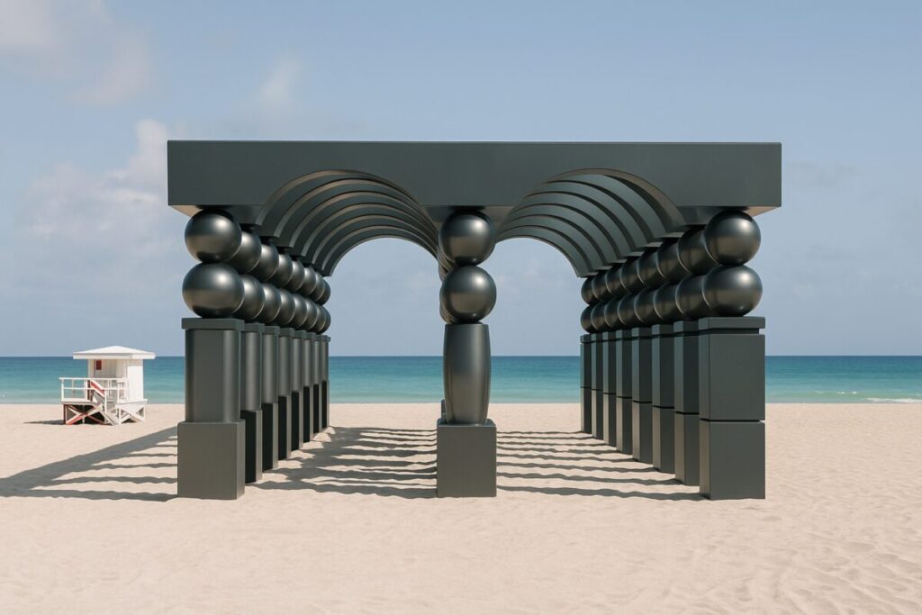 Vista artística de El Efecto Observador en la playa de Miami Beach, con columnas geométricas y estructuras futuristas frente al mar