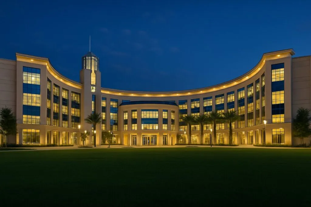 Vista nocturna del campus de la Universidad de Florida Central, sede del nuevo líder en ciberseguridad