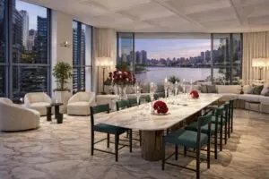 Vista panorámica del nuevo proyecto Baccarat Residences en Brickell, Miami, con arquitectura moderna y lujo frente al río