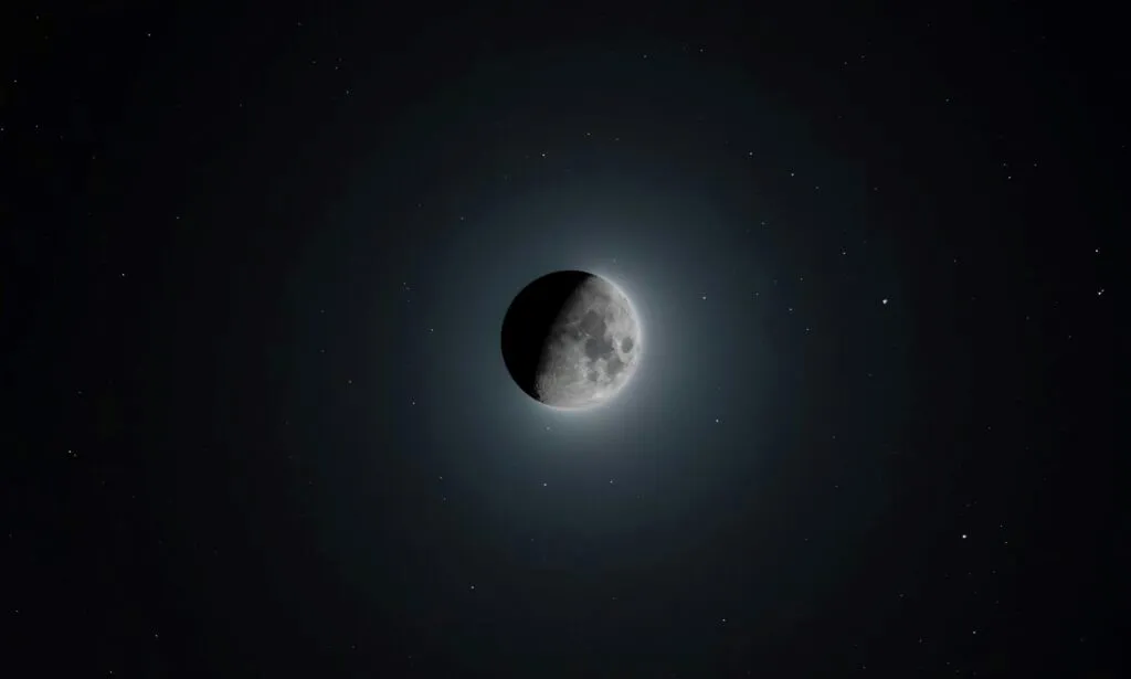 Ilustración editorial de la conjunción lunar de Saturno y la Luna vista sobre el cielo de Miami en enero