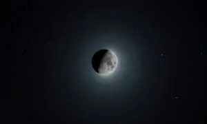 Ilustración editorial de la conjunción lunar de Saturno y la Luna vista sobre el cielo de Miami en enero